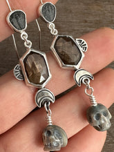 Load image into Gallery viewer, Trilobite, Bronze sapphire, and Carved Pearl Skull Dangle Earrings