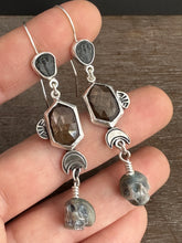 Load image into Gallery viewer, Trilobite, Bronze sapphire, and Carved Pearl Skull Dangle Earrings