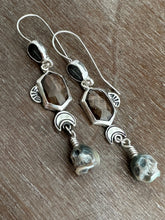 Load image into Gallery viewer, Trilobite, Bronze sapphire, and Carved Pearl Skull Dangle Earrings