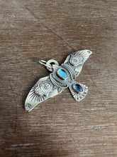 Load image into Gallery viewer, Large Blue Topaz and Kyanite stamped bird pendant