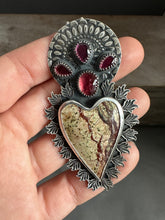 Load image into Gallery viewer, Rainforest Serpentine Sacred Heart with red spinel and garnets