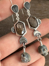Load image into Gallery viewer, Trilobite, Bronze sapphire, and Carved Pearl Skull Dangle Earrings