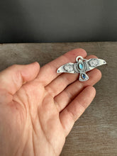 Load image into Gallery viewer, Large Blue Topaz and Kyanite stamped bird pendant