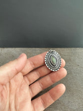 Load image into Gallery viewer, Layered silver and labradorite eye pendant