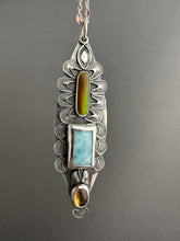 Load image into Gallery viewer, Multi stone pendant with Synthetic opal, Larimar, and Whiskey Quartz