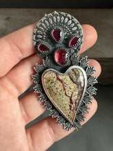 Load image into Gallery viewer, Rainforest Serpentine Sacred Heart with red spinel and garnets