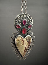 Load image into Gallery viewer, Rainforest Serpentine Sacred Heart with red spinel and garnets