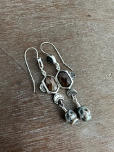 Load image into Gallery viewer, Trilobite, Bronze sapphire, and Carved Pearl Skull Dangle Earrings