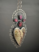 Load image into Gallery viewer, Rainforest Serpentine Sacred Heart with red spinel and garnets