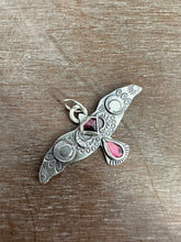 Load image into Gallery viewer, Large stamped bird pendant with a Winza Sapphire and garnet.