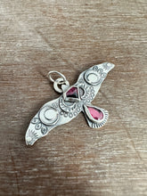 Load image into Gallery viewer, Large stamped bird pendant with a Winza Sapphire and garnet.