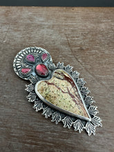 Load image into Gallery viewer, Rainforest Serpentine Sacred Heart with red spinel and garnets
