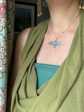 Load image into Gallery viewer, Large Blue Topaz and Kyanite stamped bird pendant