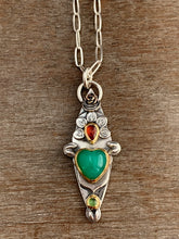 Load image into Gallery viewer, Reserved Final payment - 22k Gold and sterling silver Chrysoprase sacred heart pendant with 20” chain as pictured.