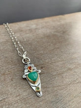 Load image into Gallery viewer, Reserved Final payment - 22k Gold and sterling silver Chrysoprase sacred heart pendant with 20” chain as pictured.