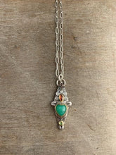 Load image into Gallery viewer, Reserved Final payment - 22k Gold and sterling silver Chrysoprase sacred heart pendant with 20” chain as pictured.