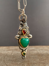 Load image into Gallery viewer, Reserved Final payment - 22k Gold and sterling silver Chrysoprase sacred heart pendant with 20” chain as pictured.