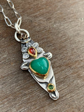 Load image into Gallery viewer, Reserved Final payment - 22k Gold and sterling silver Chrysoprase sacred heart pendant with 20” chain as pictured.