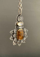 Load image into Gallery viewer, Cacoxenite and moonstone set in 22k gold medallion