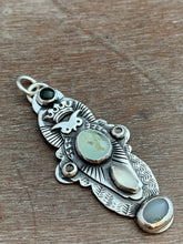 Load image into Gallery viewer, Owl pendant #13 with tourmaline, Peruvian Opal, chocolate moonstones, rainbow moonstone, and a grey moonstone