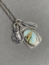 Load image into Gallery viewer, Peruvian blue opal charm necklace with owl and feather charms