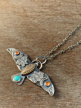 Load image into Gallery viewer, Moon bee bird pendant, with turquoise and carnelian