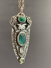 Load image into Gallery viewer, Owl pendant #6 Chrysocolla, Green Kyanite, and Serpentine