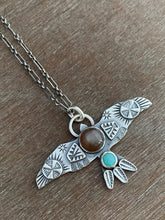 Load image into Gallery viewer, Large chocolate moonstone stamped bird pendant