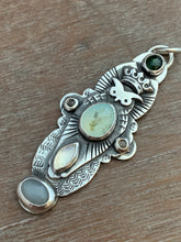 Load image into Gallery viewer, Owl pendant #13 with tourmaline, Peruvian Opal, chocolate moonstones, rainbow moonstone, and a grey moonstone
