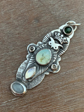 Load image into Gallery viewer, Owl pendant #13 with tourmaline, Peruvian Opal, chocolate moonstones, rainbow moonstone, and a grey moonstone