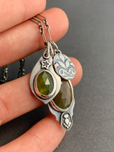 Load image into Gallery viewer, Sapphire and vesuvianite charms with a leaf “coin” accent charm
