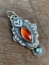 Load image into Gallery viewer, Owl pendant #9 Hessonite Garnet and Blue Topaz