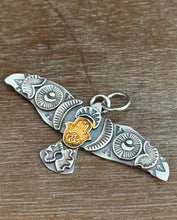 Load image into Gallery viewer, Large golden hamsa stamped bird pendant