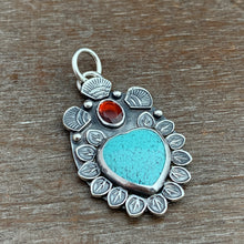 Load image into Gallery viewer, Turquoise and garnet Sacred Heart Pendant