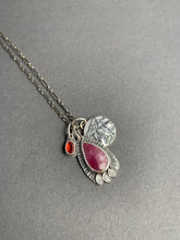 Load image into Gallery viewer, Pink Sapphire charm necklace, with a tiny garnet, and bird accent charm
