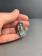 Load image into Gallery viewer, Peruvian blue opal charm necklace with owl and feather charms
