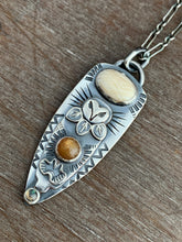 Load image into Gallery viewer, Owl pendant #6 - Fossilized Mastodon Ivory, Golden Moonstone and Labradorite