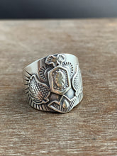 Load image into Gallery viewer, Large size 7.5 winged sacred symbol shield ring