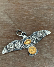 Load image into Gallery viewer, Large golden sun and eye stamped bird pendant