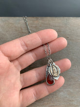 Load image into Gallery viewer, Bronze Our Lady of Guadeloupe and garnet charms