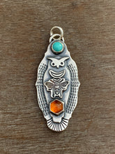 Load image into Gallery viewer, Owl pendant - moon bee hessonite with garnet and turquoise