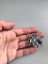 Load image into Gallery viewer, Sterling silver feather and sun charm, dendritic agate antler charm, and apatite charm