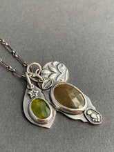 Load image into Gallery viewer, Sapphire and vesuvianite charms with a leaf “coin” accent charm