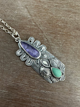 Load image into Gallery viewer, Tanzanite and turquoise Shield pendant