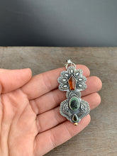 Load image into Gallery viewer, Hessonite garnet and Pixie turquoise elaborate pendant