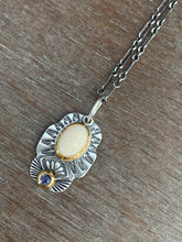 Load image into Gallery viewer, Fossilized mastodon ivory and tanzanite set in 22k gold charm necklace
