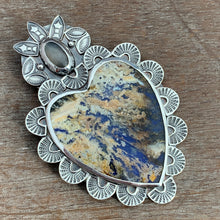 Load image into Gallery viewer, Plume agate and grey moonstone Sacred Heart pendant