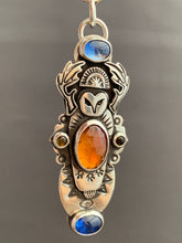 Load image into Gallery viewer, Owl pendant #14 with Blue Kyanites, Hessonite Garnet, and two Tourmalines