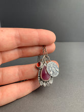 Load image into Gallery viewer, Pink Sapphire charm necklace, with a tiny garnet, and bird accent charm