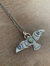 Load image into Gallery viewer, Large labradorite and kyanite stamped bird pendant